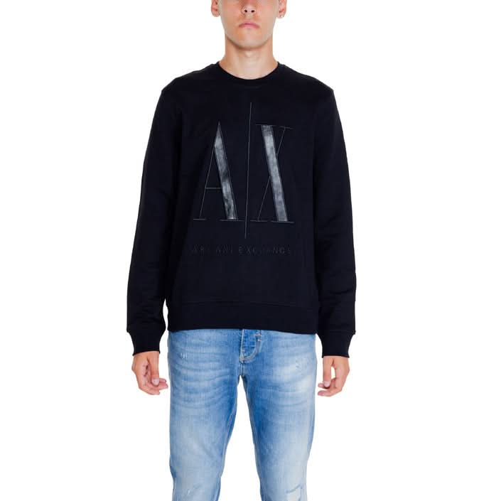 Armani Exchange men's black sweatshirt with a bold print pattern, slip-on design, and round neck for a chic Fall/Winter look.