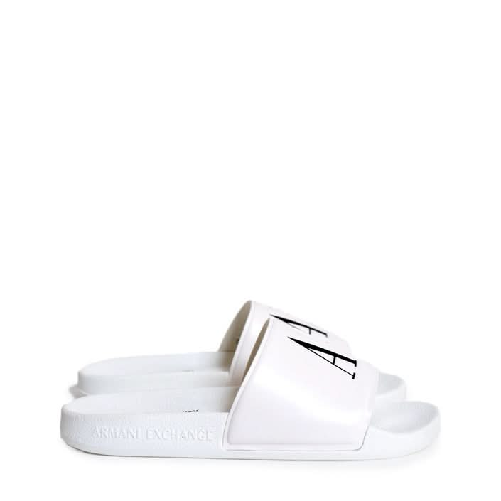 Elegant white slippers featuring a round toe and fashionable print by Armani Exchange.