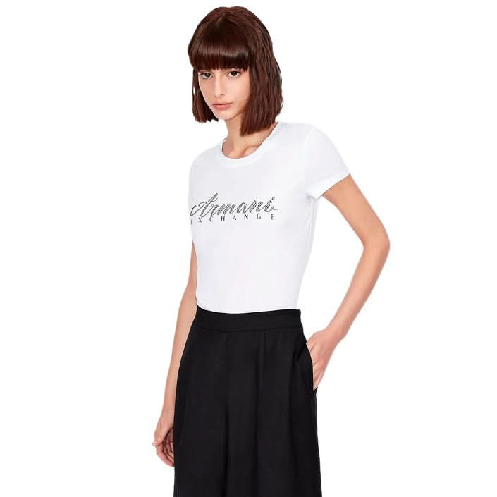 Elegant Armani Exchange white T-shirt with a chic print and round neckline. A fresh, luxurious staple that adds a touch of sophistication to any outfit."