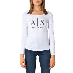 Armani Exchange White T-shirt for Women – A luxurious 100% cotton T-shirt with long sleeves and a round neckline, ideal for a modern Fall/Winter style."