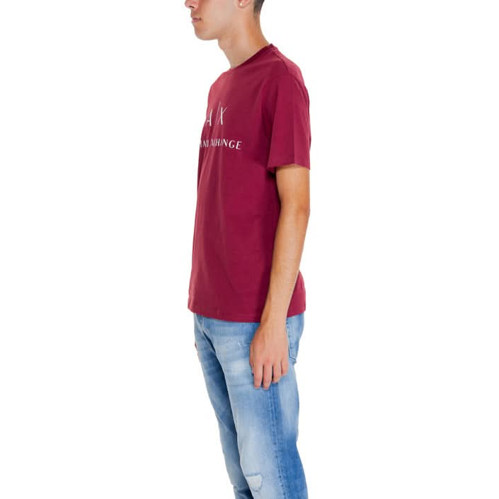 Men's bordeaux Armani Exchange T-shirt with a bold print, short sleeves, and round neck, made from sustainable materials for long-lasting quality.