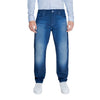 Armani Exchange blue trousers for men with a worn-out effect, zip and button fastening, and front and back pockets. Ideal for seasonal Armani collections.