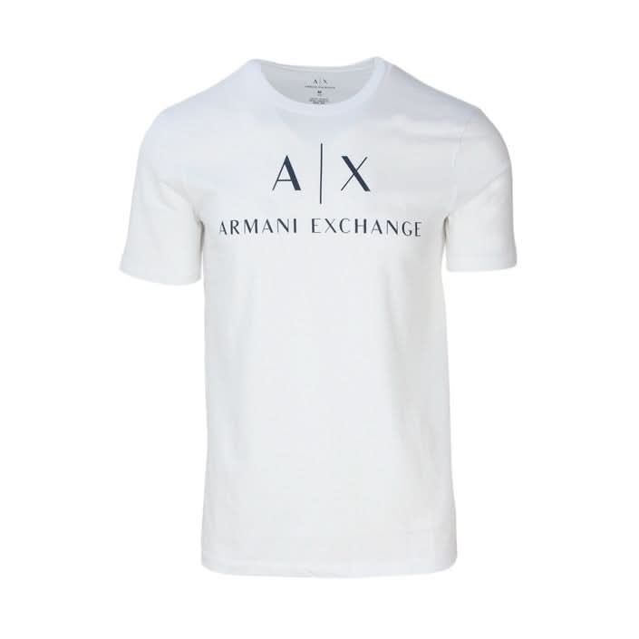 White Armani Exchange T-shirt for men, featuring a round neck, short sleeves, and a bold print. Crafted from 100% cotton, showcasing understated luxury and high-end t-shirt fabrics. Ideal for stylish, smart-casual outfits.