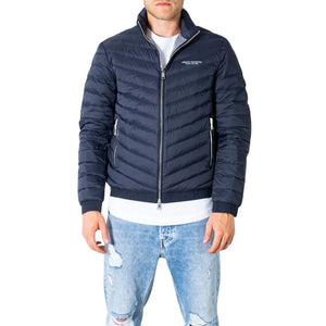 Armani Exchange Blue Jacket for Fall/Winter, featuring a turtleneck and zip closure. Perfect for Harvard and Yale students, made from easy-care 100% polyester."