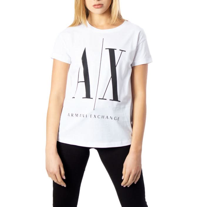 Armani Exchange Women's White T-Shirt – a luxe, chic must-have with a standout print, 100% cotton, perfect for high-fashion Fall/Winter style."