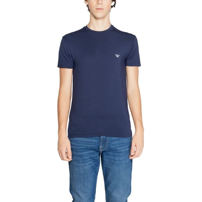 Close-up of Emporio Armani Men’s T-shirt in blue, showcasing fabric and neckline.