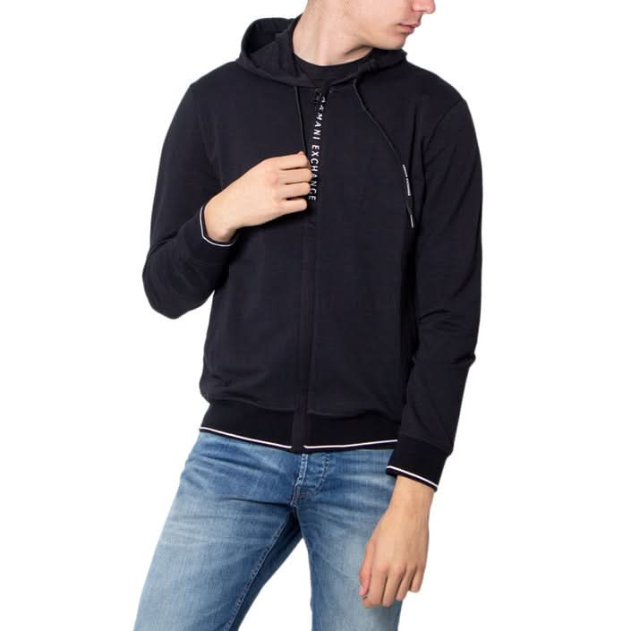 Armani Exchange black hoodie with zip-up design and front pockets, perfect for casual Spring/Summer looks.