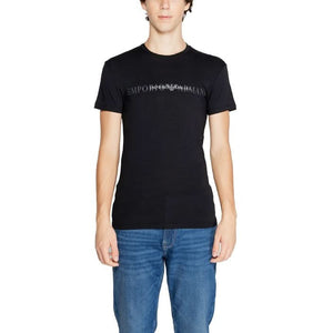 Close-up of Emporio Armani Men’s Black Cotton T-shirt, showcasing the neckline and fabric.
