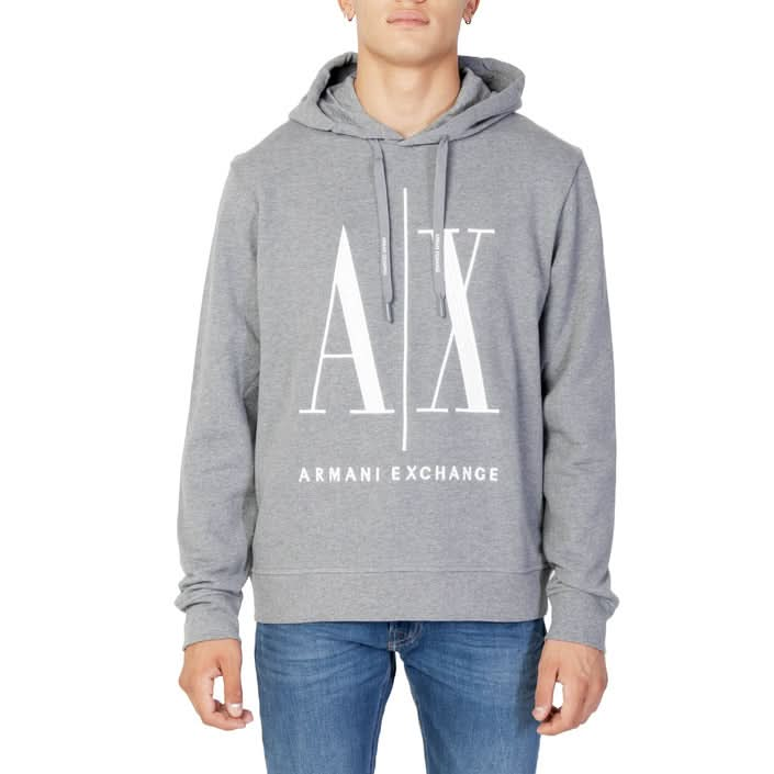 Armani Exchange grey hoodie with bold print, slip-on design, and cozy hood - perfect for Fall/Winter casual looks.