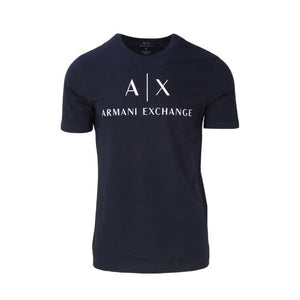 Armani Exchange blue printed T-shirt for men, featuring a round neck, short sleeves, and premium cotton fabric for timeless luxury and style.