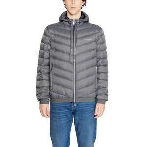 Armani Exchange Grey Jacket with hood and zip fastening, ideal for Fall/Winter. Features front pockets and long sleeves, crafted from 100% polyester.