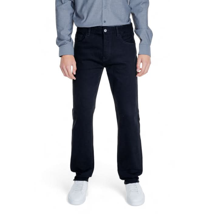 Armani Exchange Black Trousers for men with a sleek zip and button fastening, made from a luxurious blend of cotton and elastane for comfort and style.