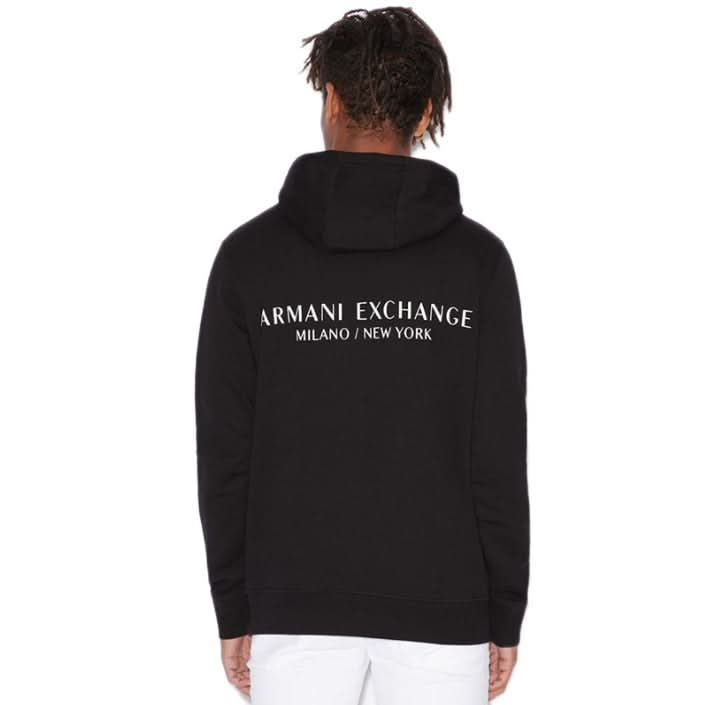 Bold black printed hoodie by Armani Exchange for men, featuring a hood and long sleeves—perfect for casual outfits.