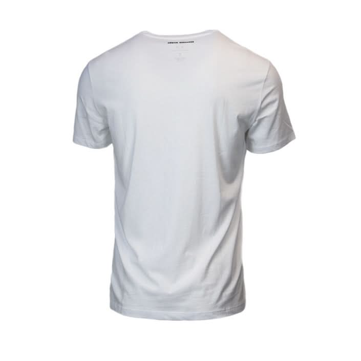 Men’s white Armani T-shirt with a bold print, short sleeves, and round neck, crafted from eco-friendly cotton for lasting quality and luxury.