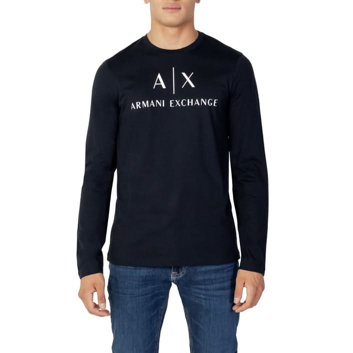 Armani Exchange blue printed T-shirt for men, featuring long sleeves and a bold design, made from 100% cotton for Fall/Winter.